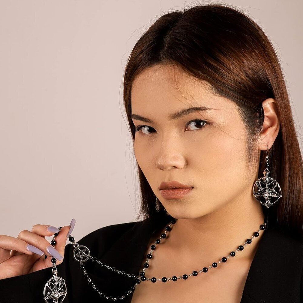 Gothic Baphomet Necklace Zinc Chain Long Bead Rosary Halloween Christmas Gift - Picture 4 of 8